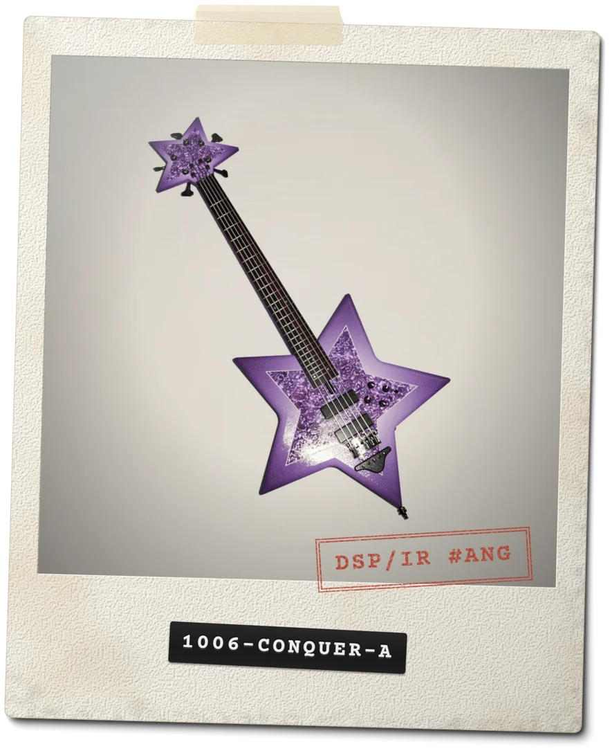 Evidence print 1006-CONQUER-A: Purple Bass Guitar. Stamped "DSP/IR #ANG".