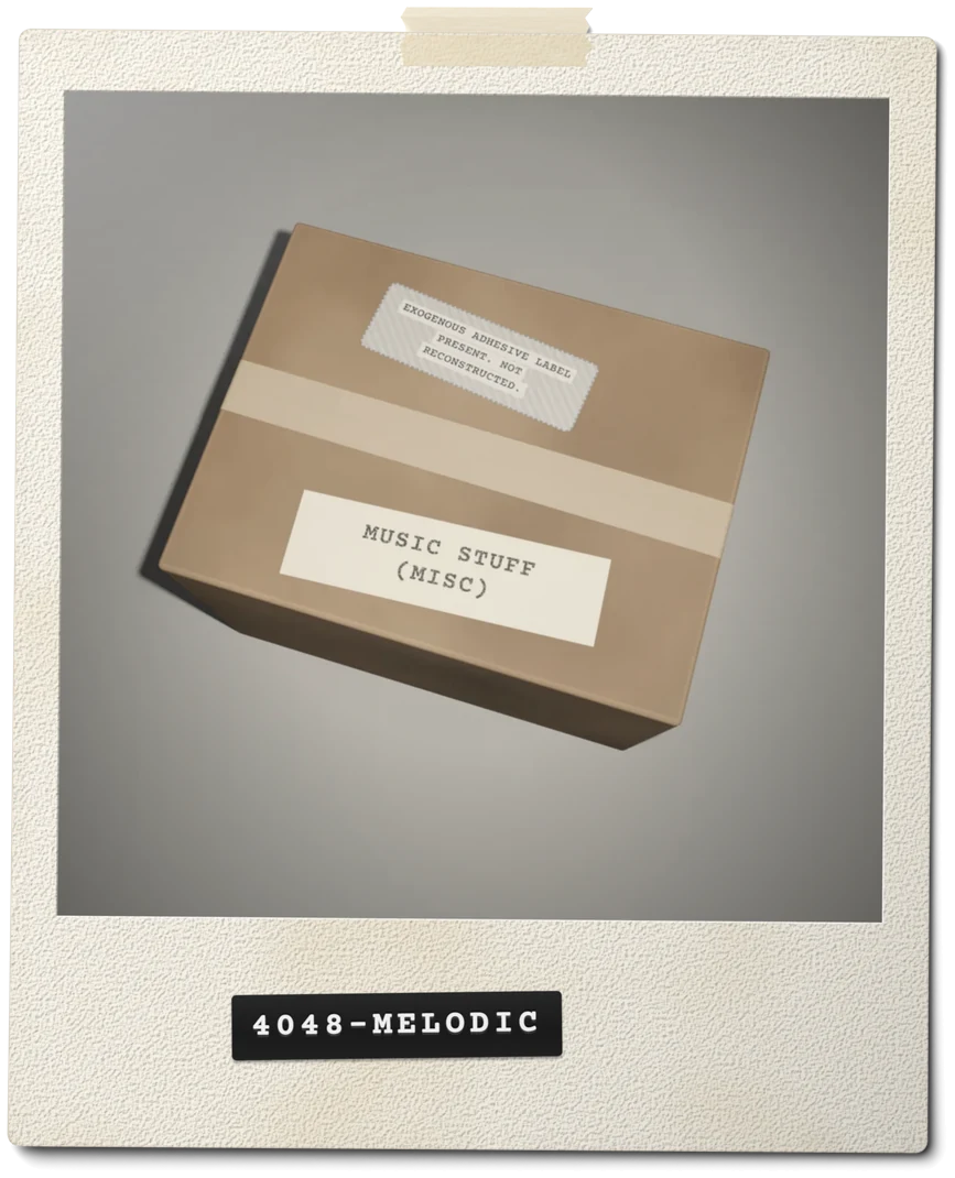 Evidence print 4048-MELODIC: Exterior. Box label reads "MUSIC STUFF (MISC)". Note: Exogenous adhesive label present. Not reconstructed.